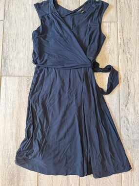 Anne Taylor Faux Wrap Sleeveless Wrap Tie Navy Dress SP